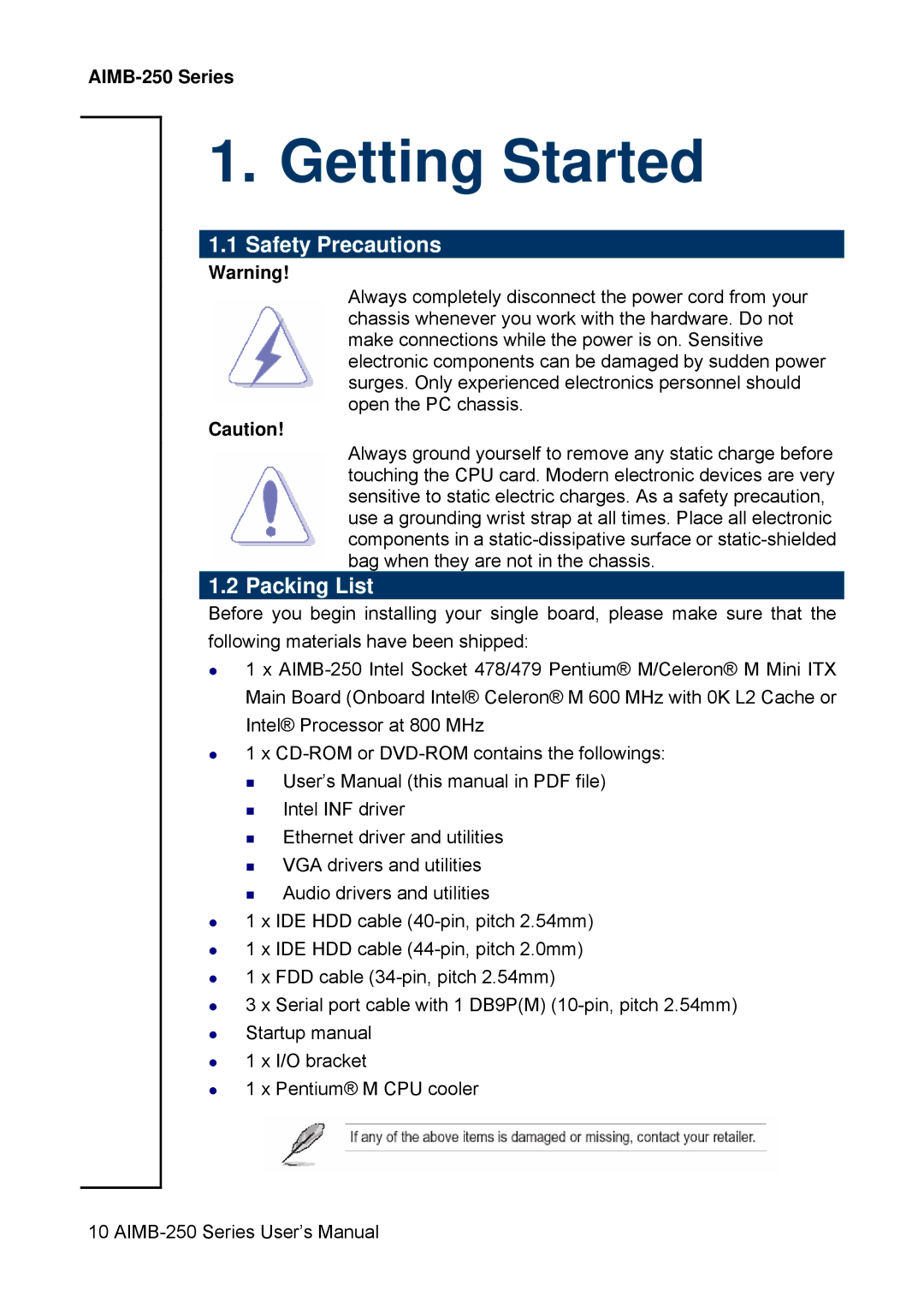 Advantech AIMB-250 user manual Safety Precautions, Packing List 