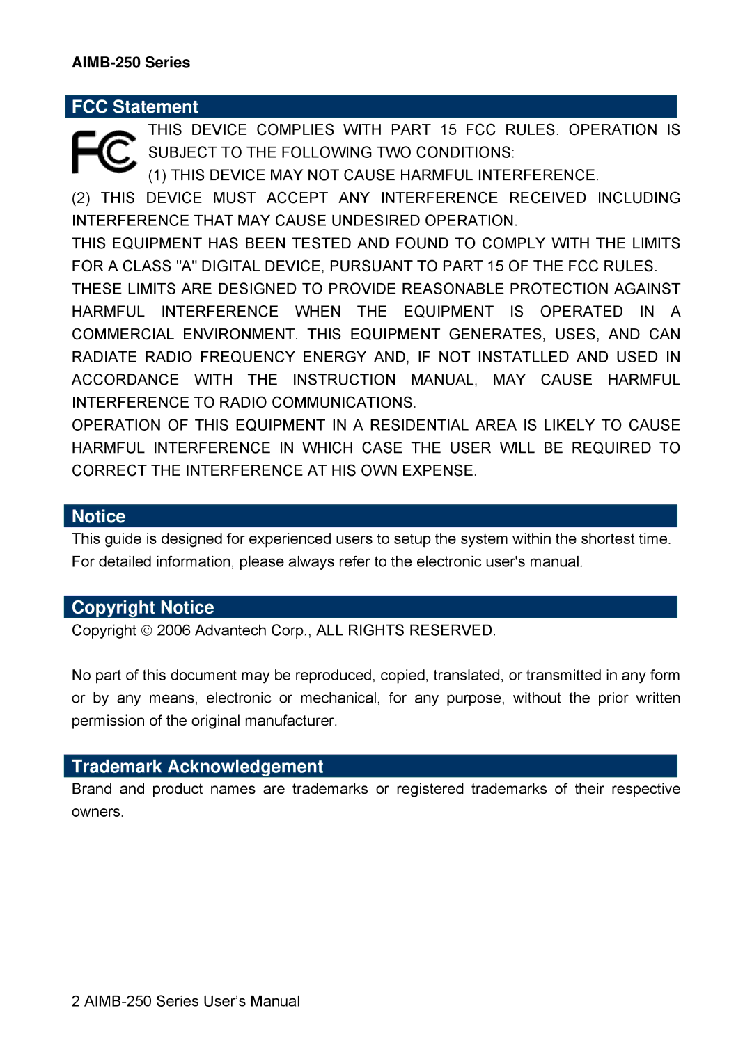 Advantech user manual FCC Statement, Copyright Notice, Trademark Acknowledgement, AIMB-250 Series 