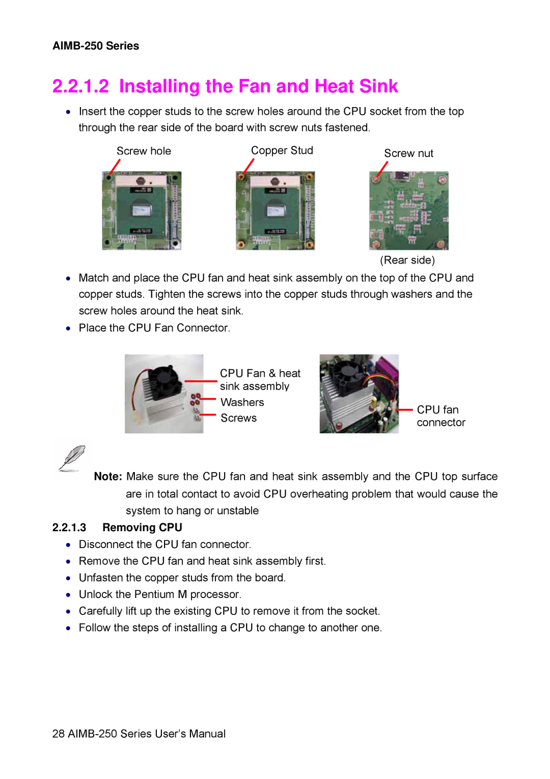 Advantech AIMB-250 user manual Installing the Fan and Heat Sink, Removing CPU 