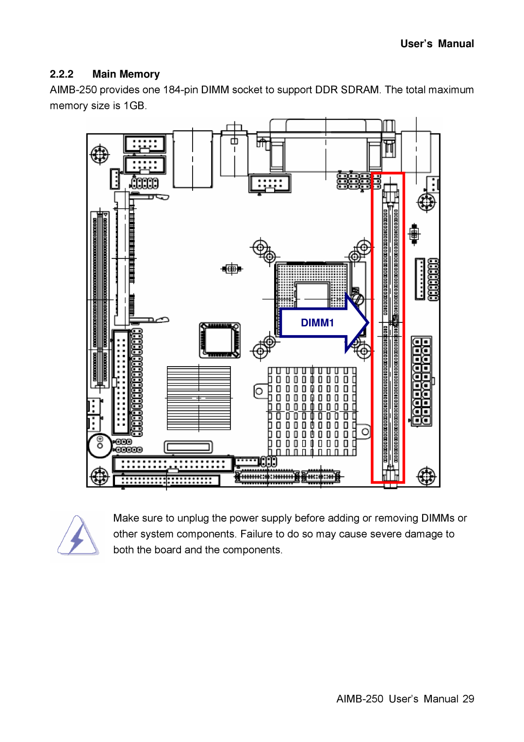 Advantech AIMB-250 user manual User’s Manual Main Memory, DIMM1 