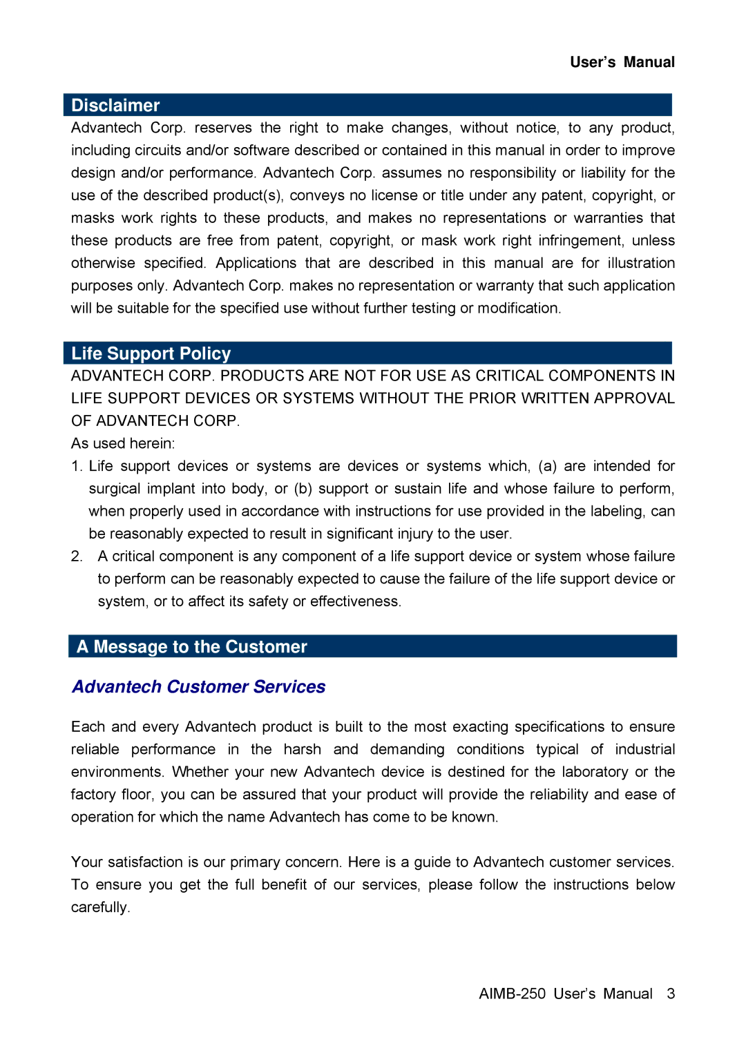 Advantech AIMB-250 user manual Disclaimer, Life Support Policy, Message to the Customer, User’s Manual 