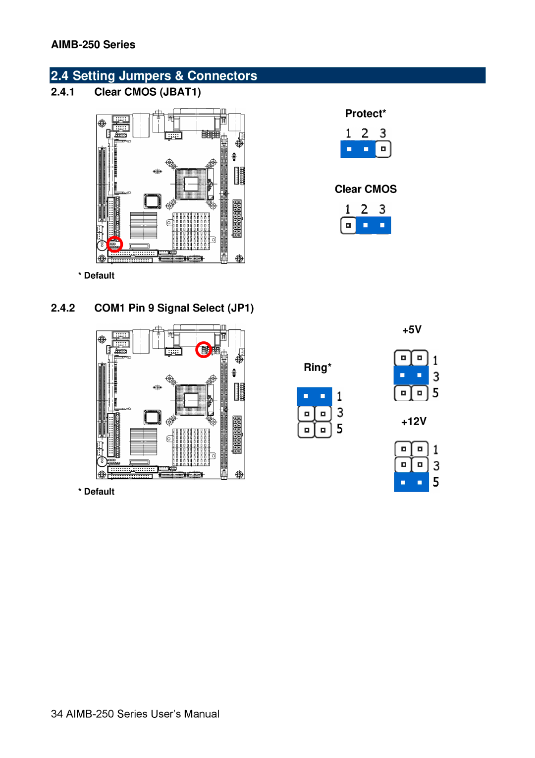 Advantech AIMB-250 Setting Jumpers & Connectors, Clear Cmos JBAT1 Protect, 2 COM1 Pin 9 Signal Select JP1 +5V Ring +12V 