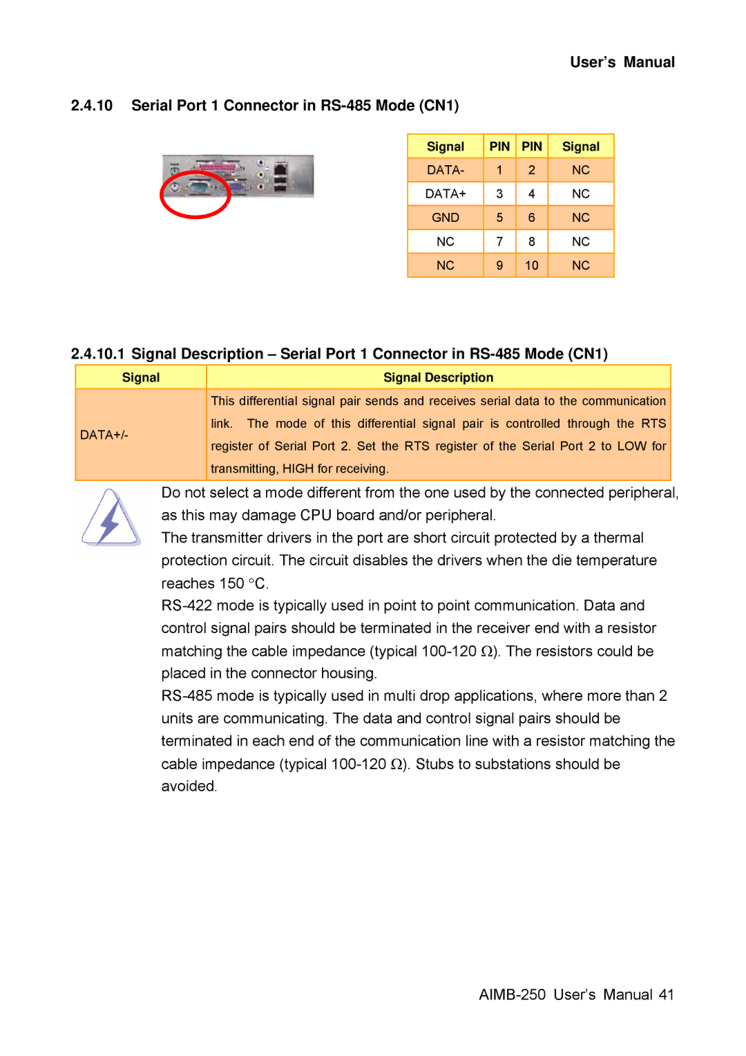 Advantech AIMB-250 user manual Serial Port 1 Connector in RS-485 Mode CN1, Data DATA+ GND 