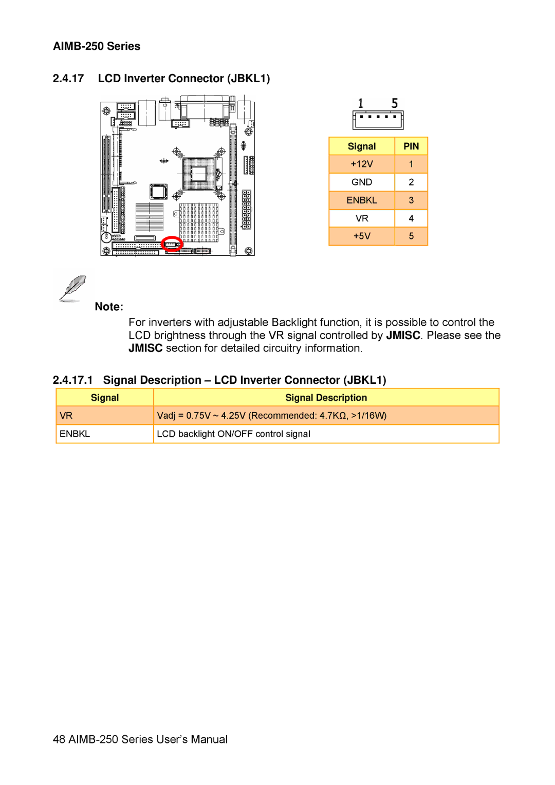 Advantech AIMB-250 Series LCD Inverter Connector JBKL1, Signal Description LCD Inverter Connector JBKL1, GND Enbkl 