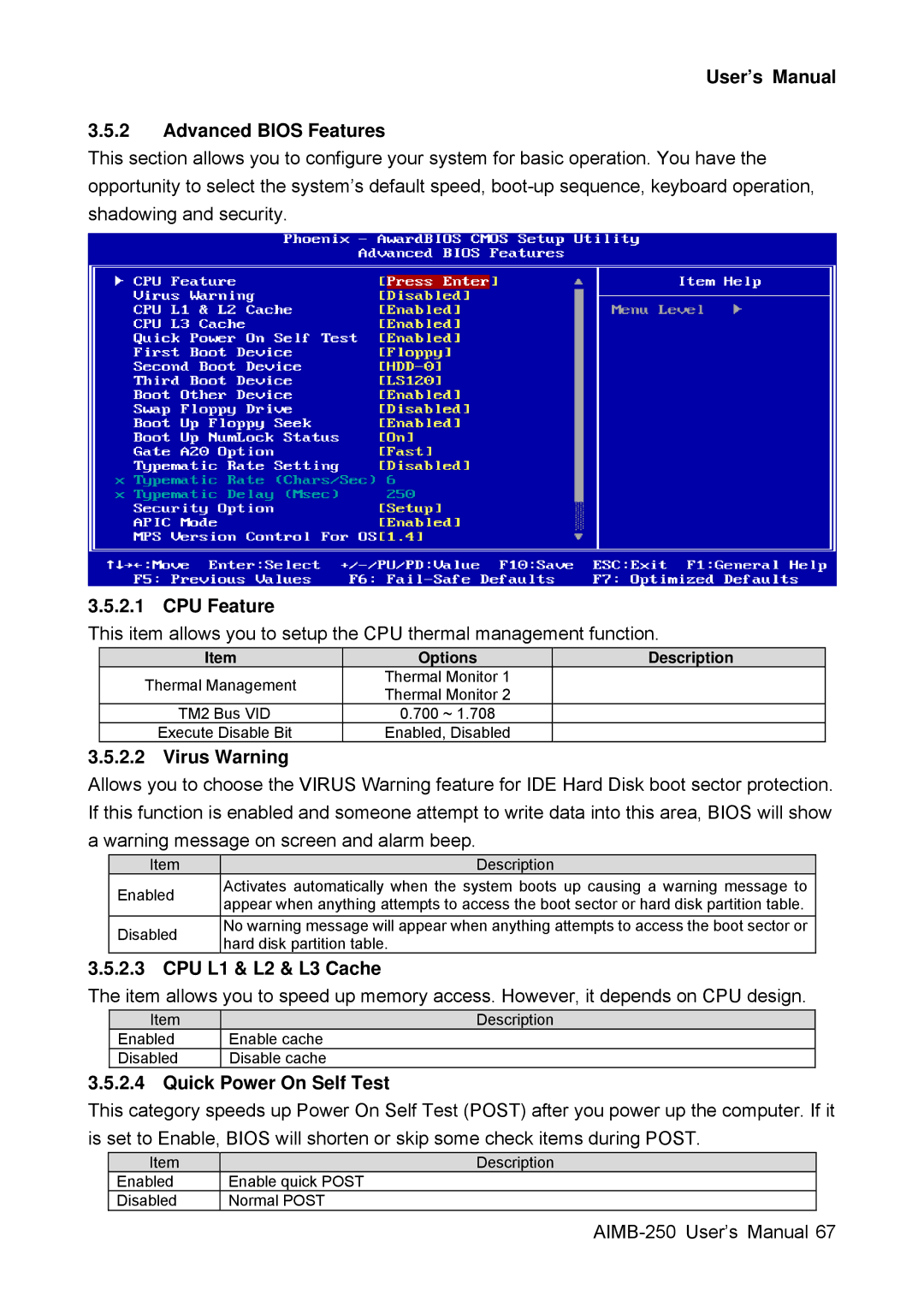 Advantech AIMB-250 user manual User’s Manual Advanced Bios Features, CPU Feature, Virus Warning, CPU L1 & L2 & L3 Cache 