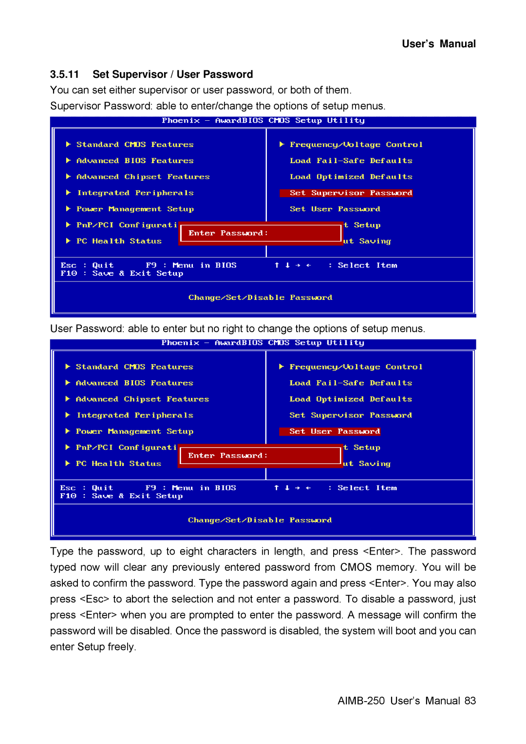 Advantech AIMB-250 user manual User’s Manual Set Supervisor / User Password 