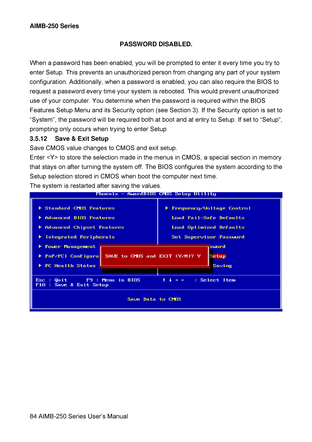 Advantech AIMB-250 user manual Password Disabled, Save & Exit Setup 