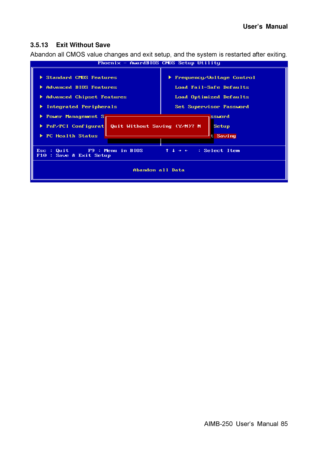Advantech AIMB-250 user manual User’s Manual Exit Without Save 