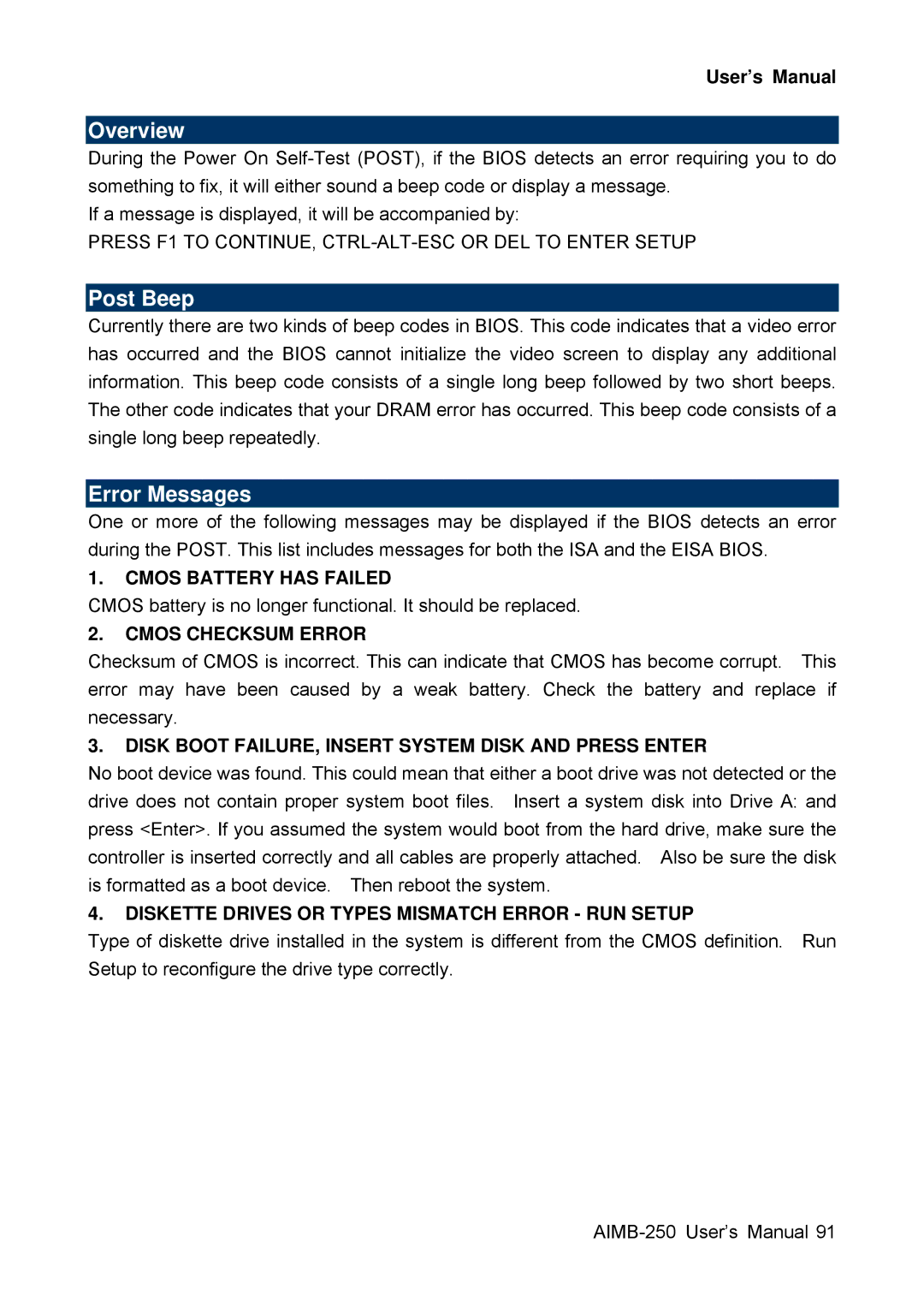 Advantech AIMB-250 user manual Overview, Post Beep, Error Messages 