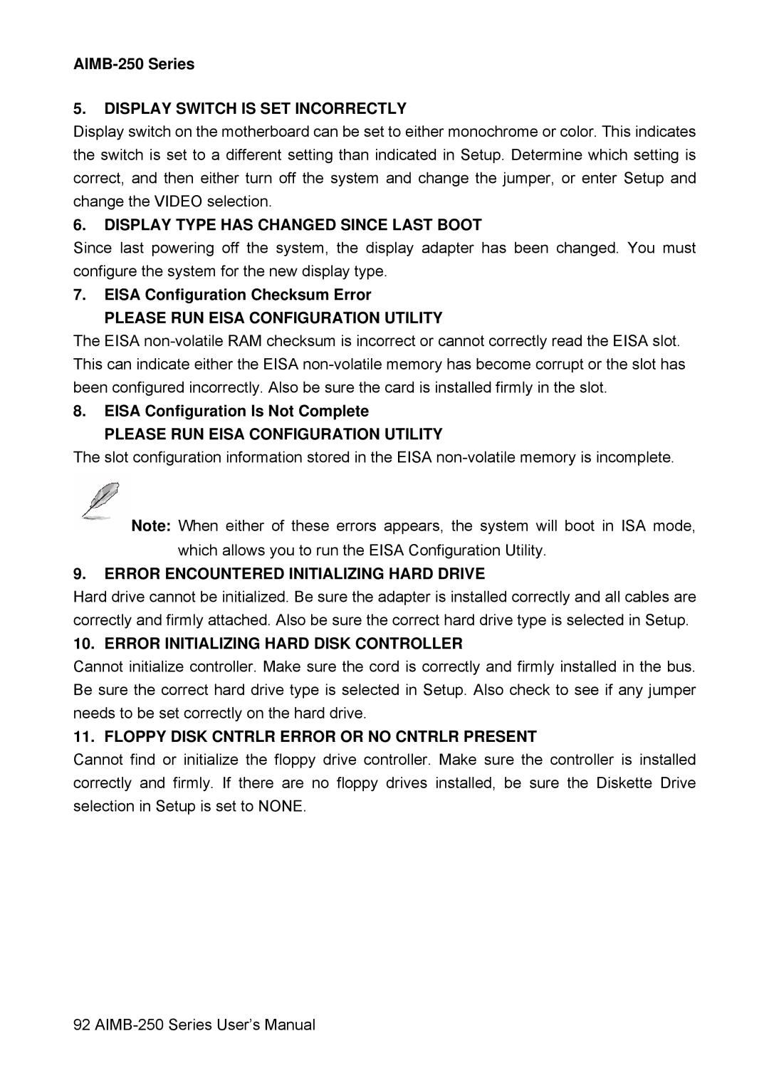 Advantech AIMB-250 user manual Eisa Configuration Checksum Error, Eisa Configuration Is Not Complete 