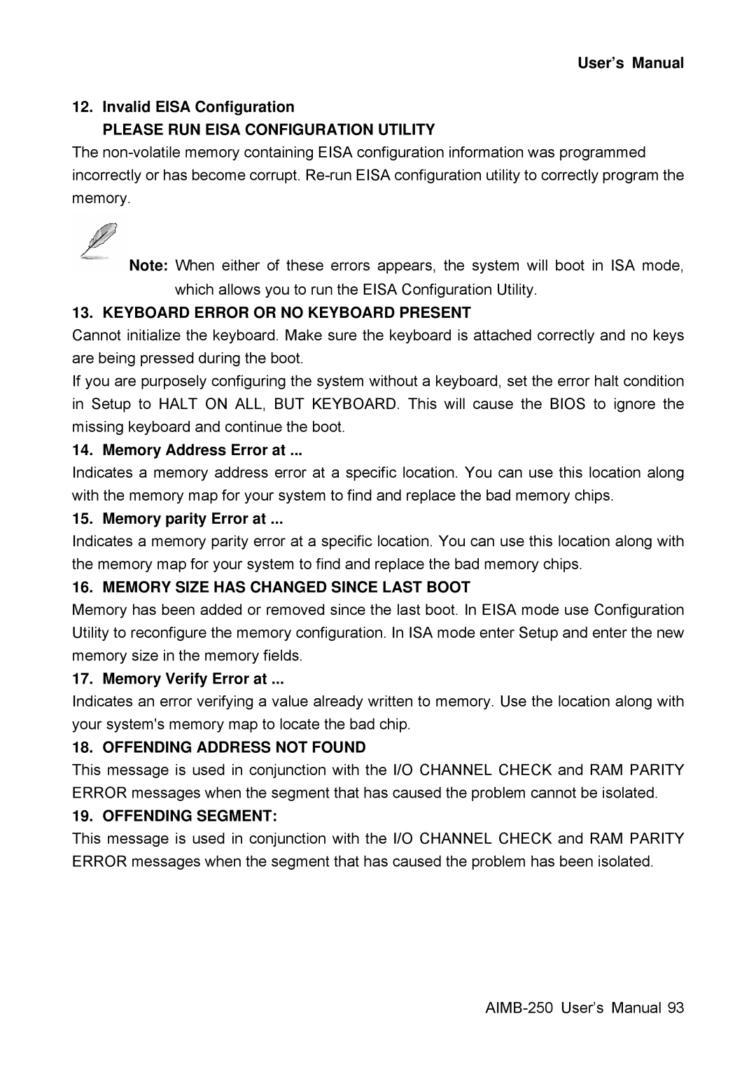 Advantech AIMB-250 user manual User’s Manual Invalid Eisa Configuration, Memory Address Error at, Memory parity Error at 