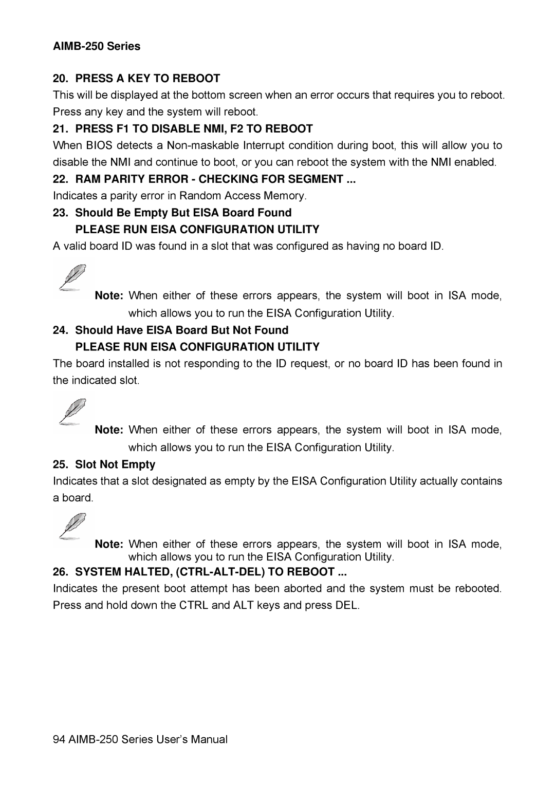 Advantech AIMB-250 user manual Should Be Empty But Eisa Board Found, Should Have Eisa Board But Not Found, Slot Not Empty 