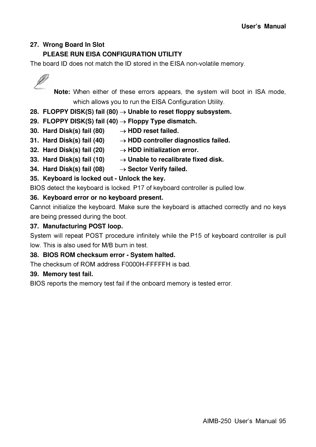 Advantech AIMB-250 User’s Manual Wrong Board In Slot, Keyboard error or no keyboard present, Manufacturing Post loop 