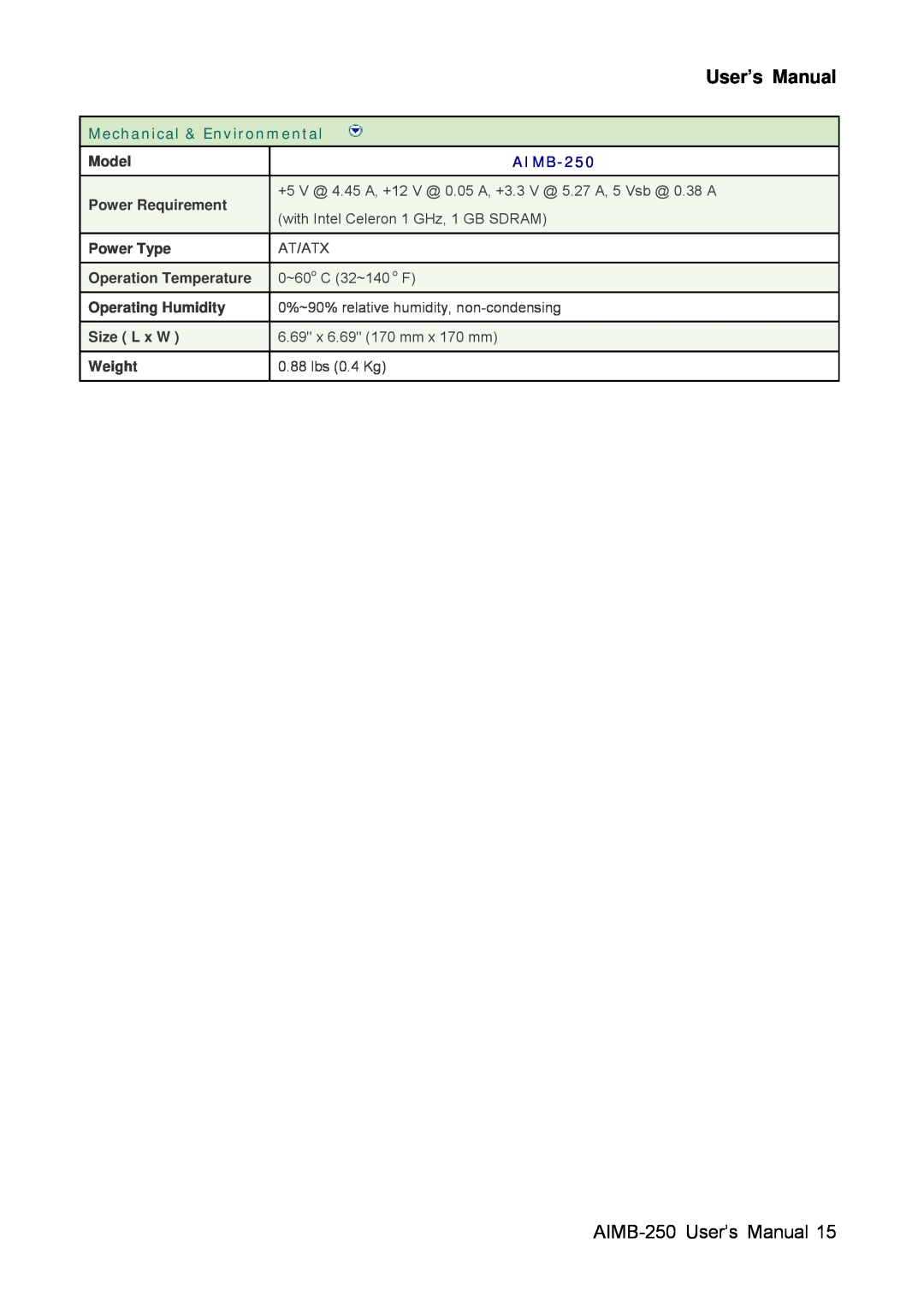 Advantech AIMB-250 User’s Manual, Mechanical & Environmental, with Intel Celeron 1 GHz, 1 GB SDRAM, At/Atx, lbs 0.4 Kg 