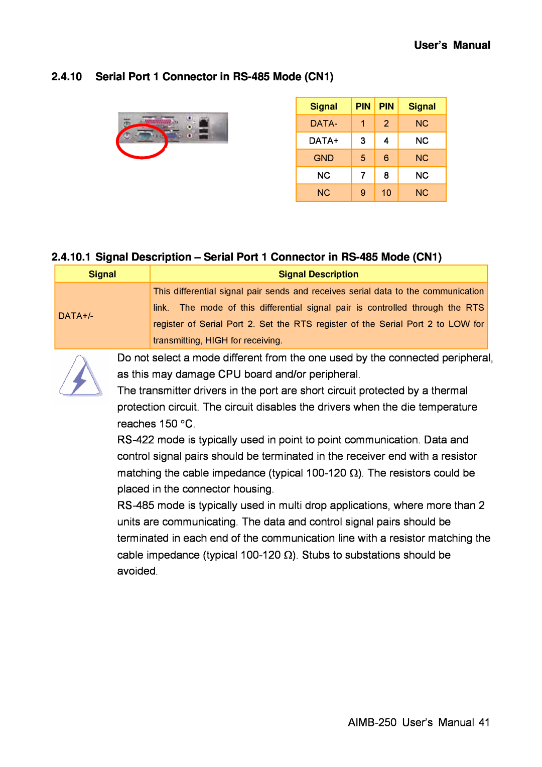 Advantech AIMB-250 user manual Serial Port 1 Connector in RS-485 Mode CN1, User’s Manual 