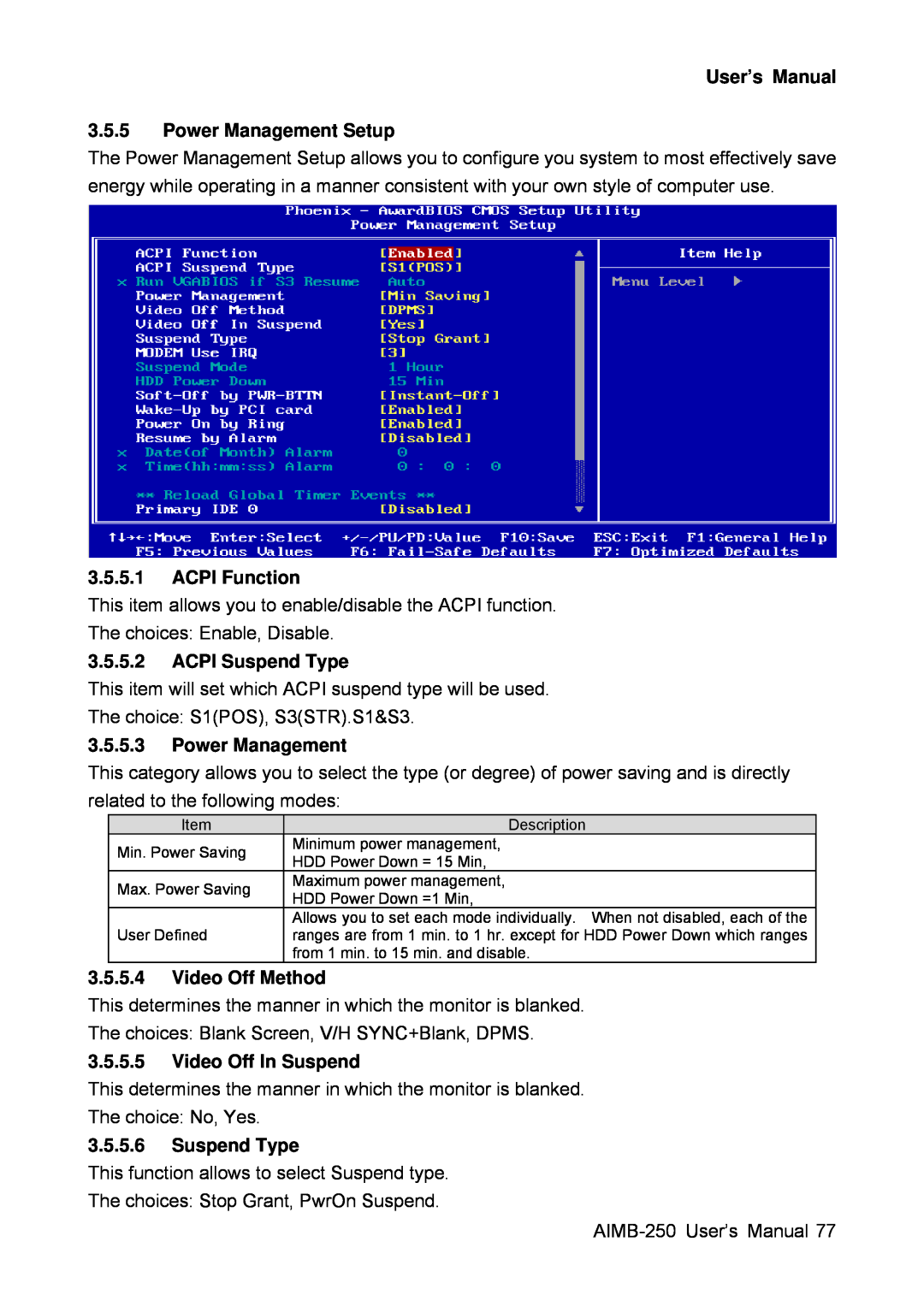 Advantech AIMB-250 User’s Manual 3.5.5 Power Management Setup, ACPI Function, ACPI Suspend Type, Video Off Method 