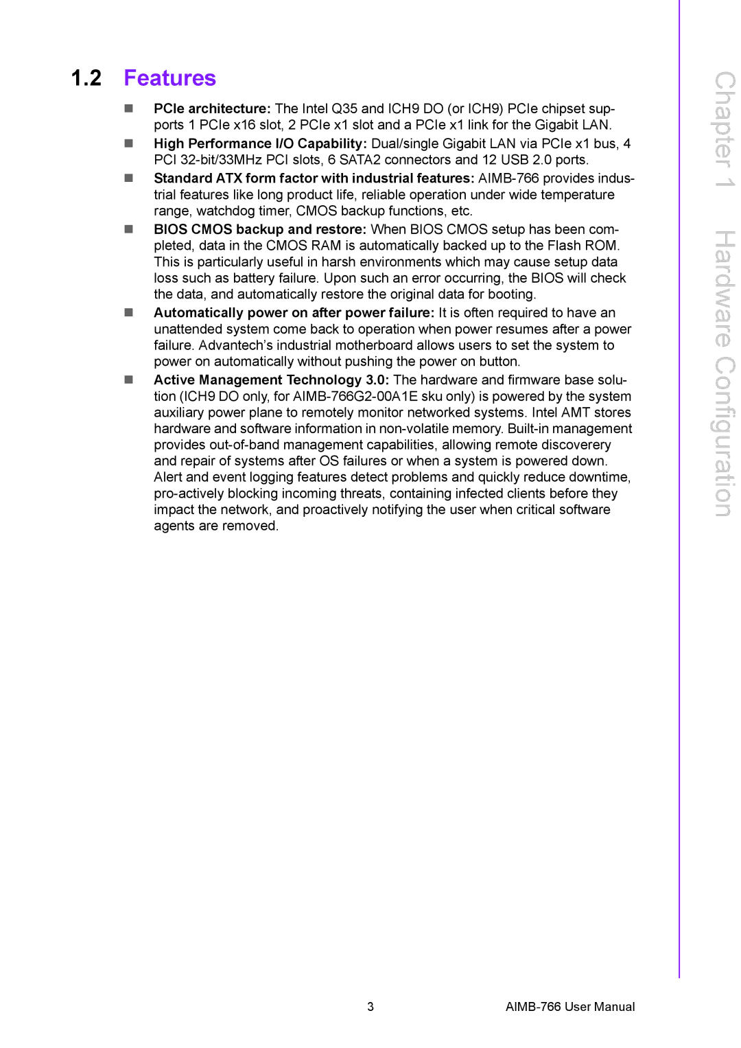 Advantech AIMB-766 user manual Hardware Configuration, Features 