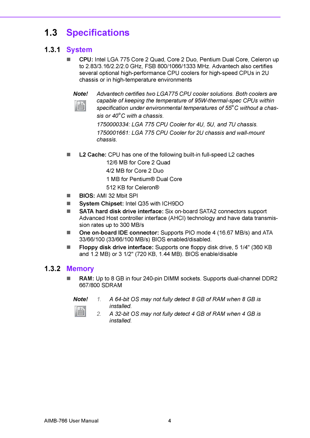 Advantech AIMB-766 user manual Specifications, System, Memory 