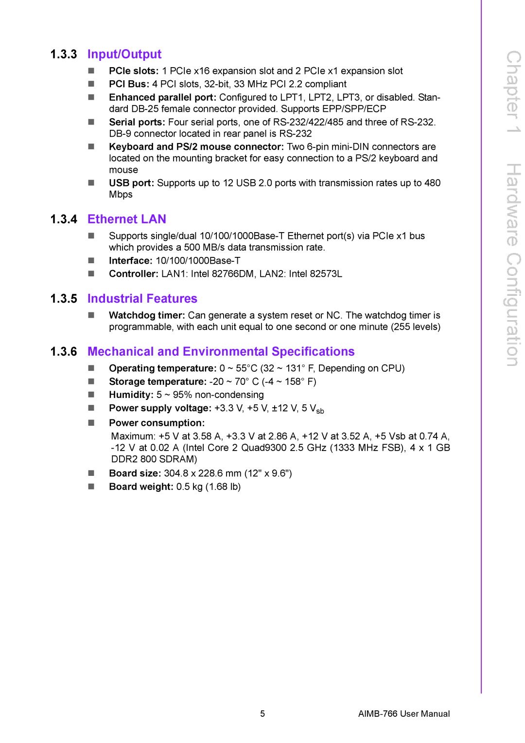 Advantech AIMB-766 user manual Input/Output, Ethernet LAN, Industrial Features, Mechanical and Environmental Specifications 