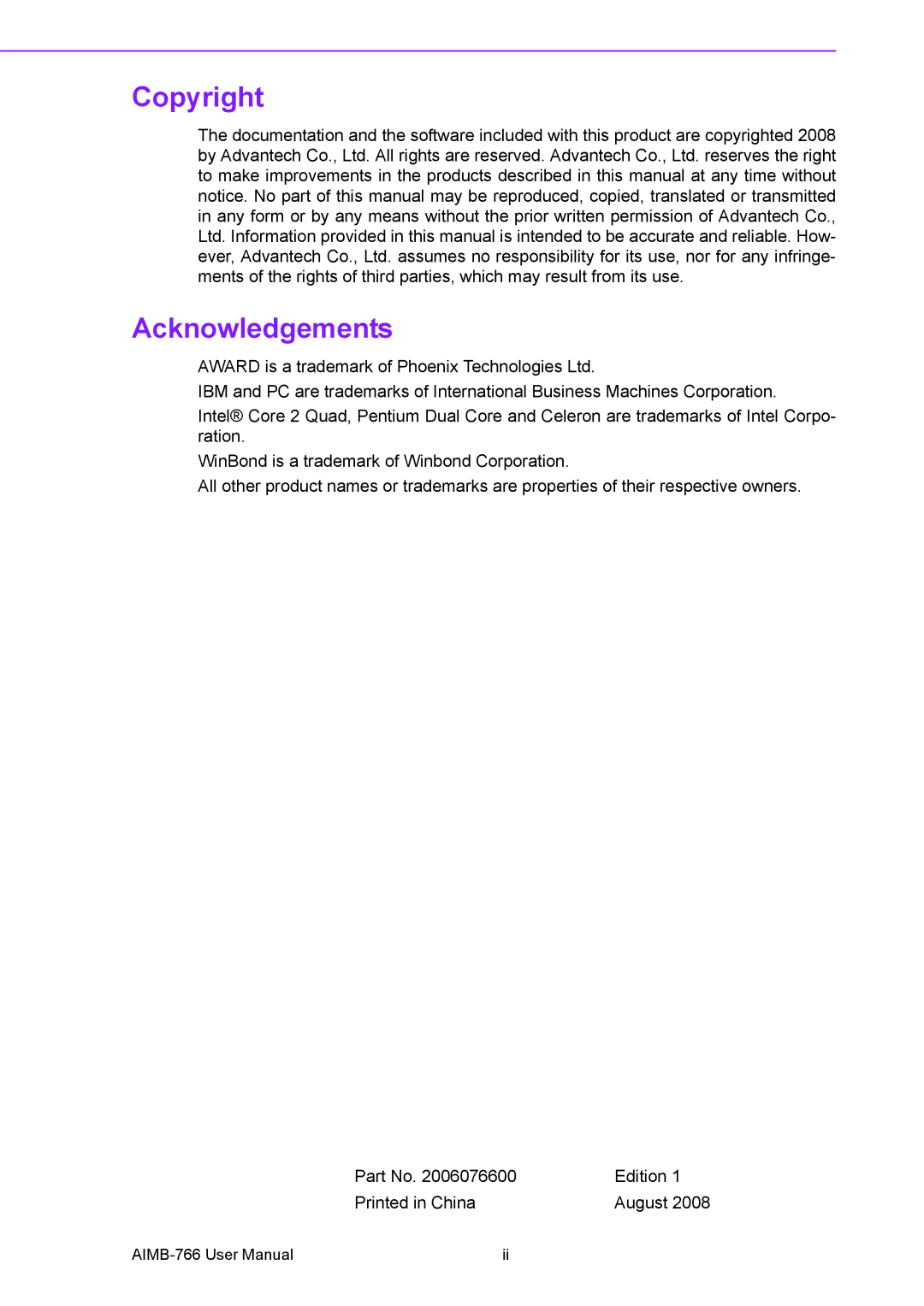 Advantech AIMB-766 user manual Copyright Acknowledgements 