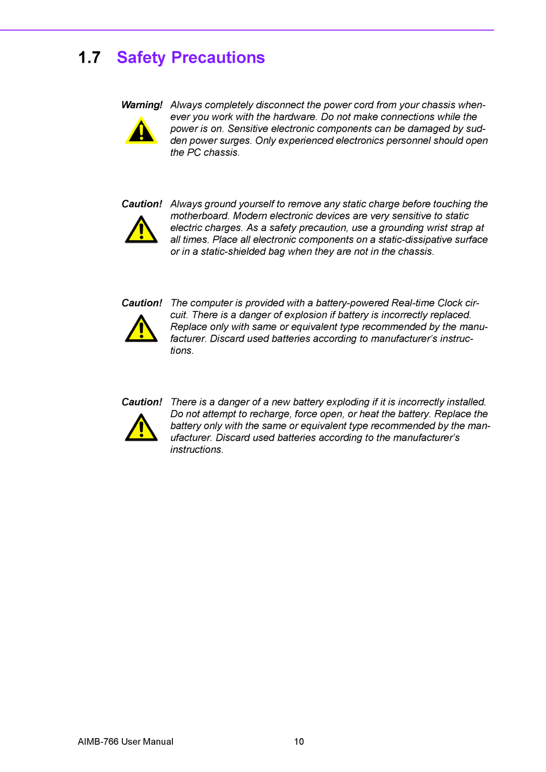 Advantech AIMB-766 user manual Safety Precautions 