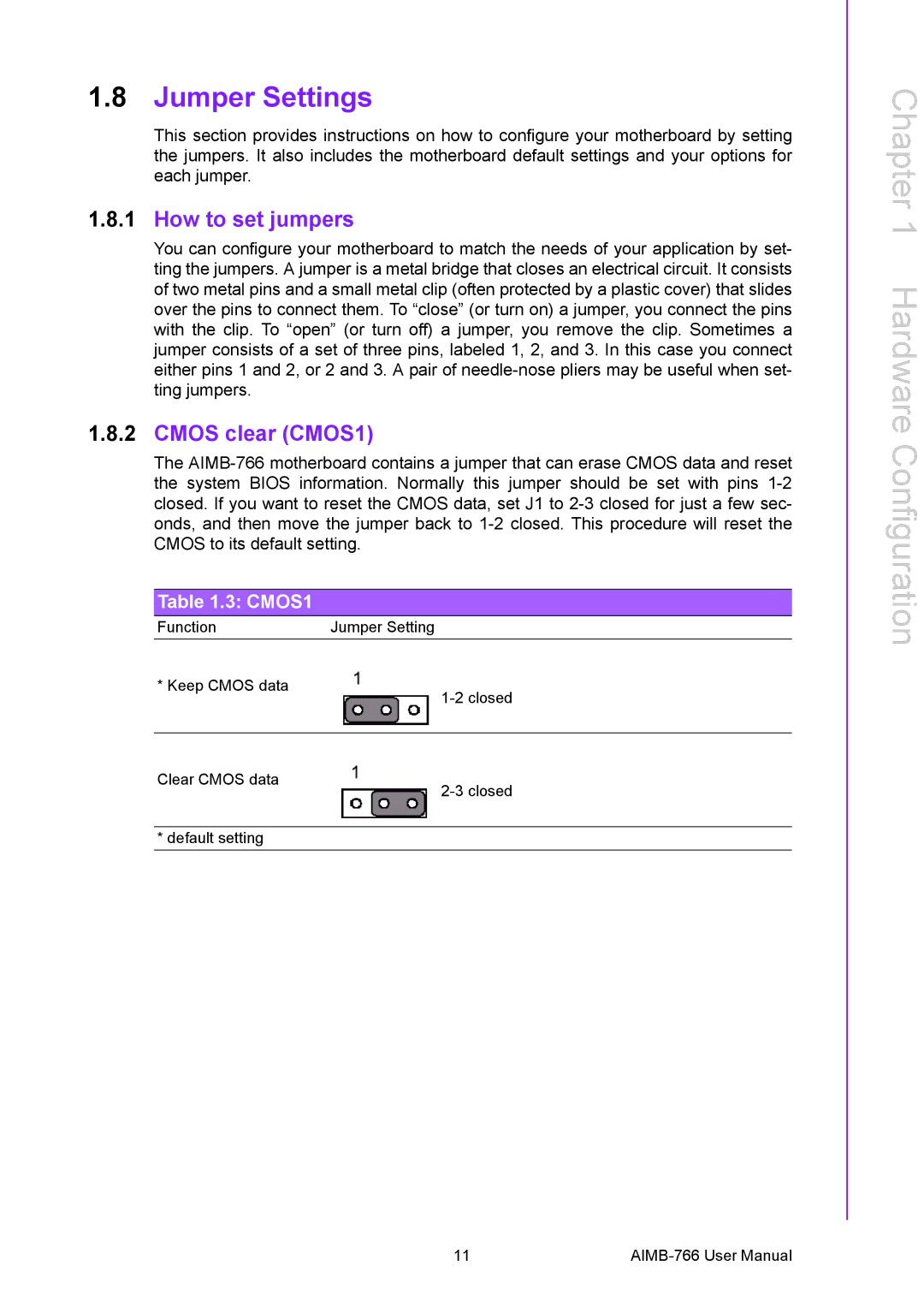 Advantech AIMB-766 user manual Jumper Settings, How to set jumpers, Cmos clear CMOS1 