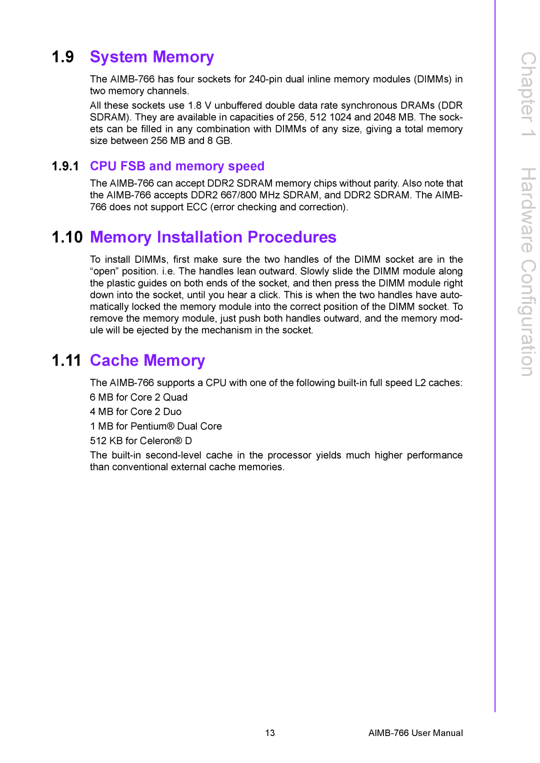 Advantech AIMB-766 user manual System Memory, Memory Installation Procedures, Cache Memory, CPU FSB and memory speed 