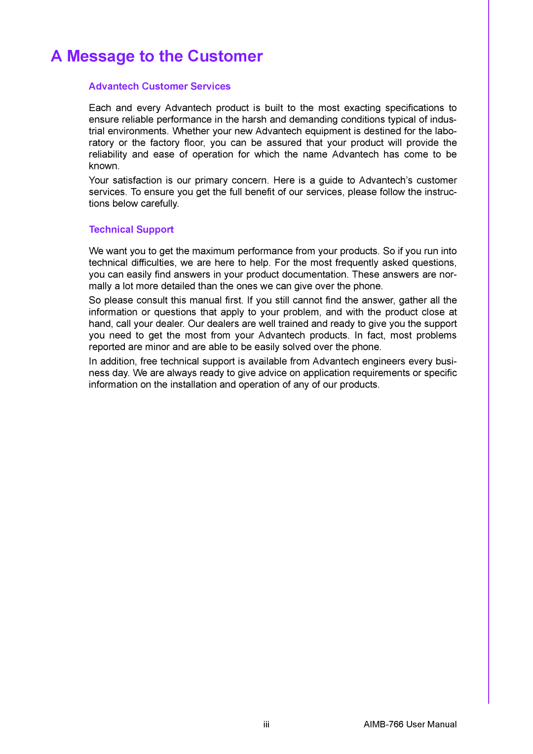 Advantech AIMB-766 user manual Message to the Customer, Advantech Customer Services 