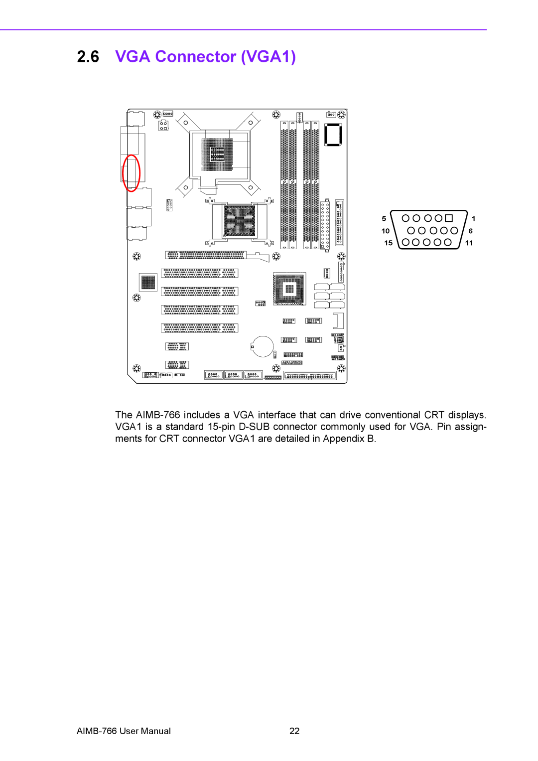 Advantech AIMB-766 user manual VGA Connector VGA1 