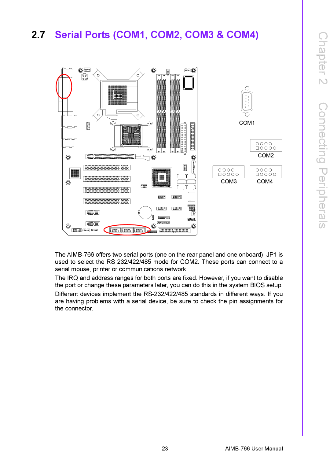 Advantech AIMB-766 user manual Serial Ports COM1, COM2, COM3 & COM4 