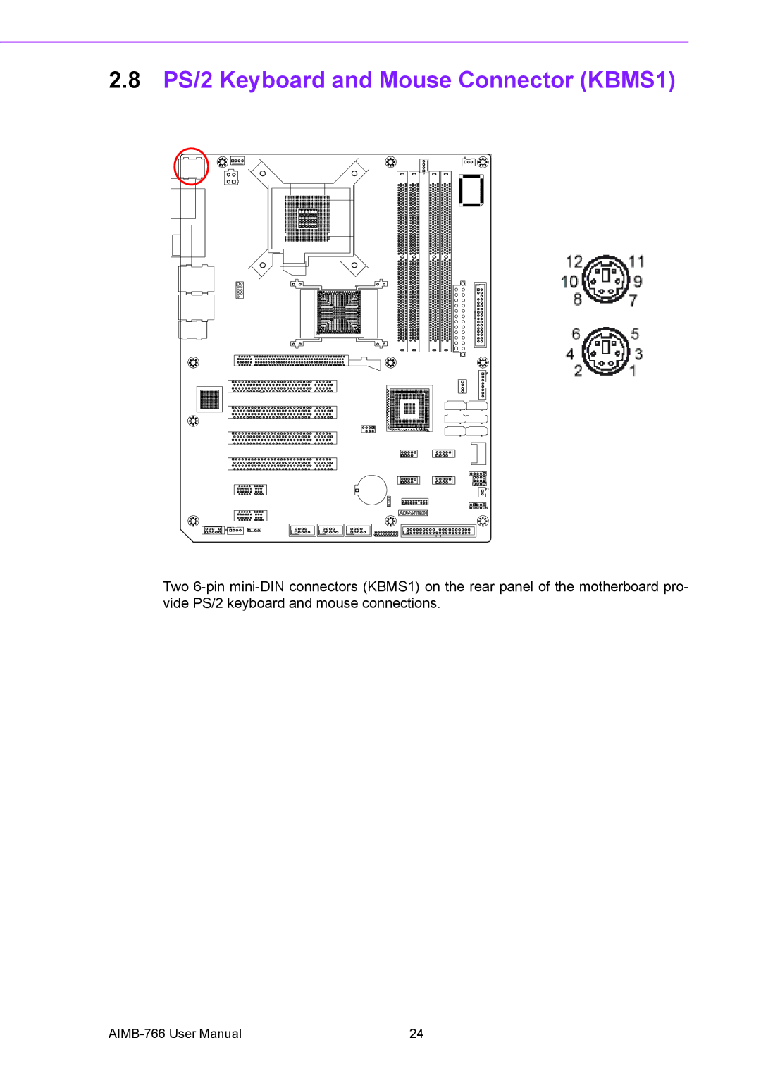 Advantech AIMB-766 user manual PS/2 Keyboard and Mouse Connector KBMS1 