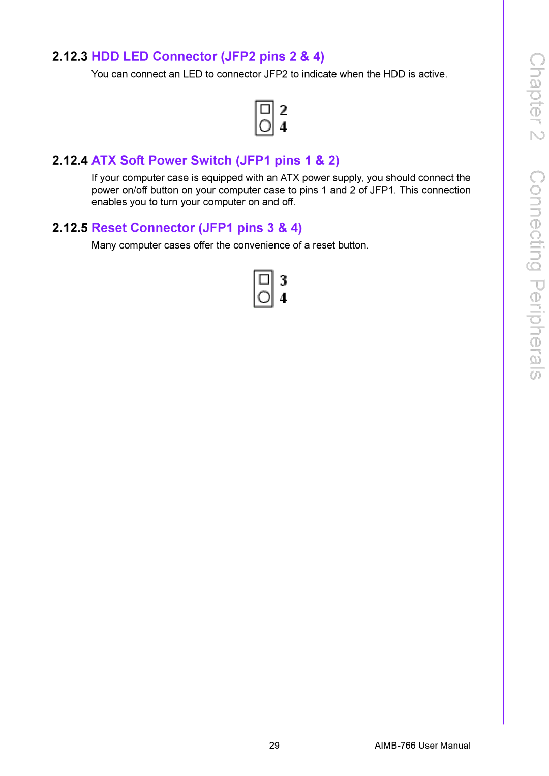 Advantech AIMB-766 HDD LED Connector JFP2 pins 2, ATX Soft Power Switch JFP1 pins 1, Reset Connector JFP1 pins 3 