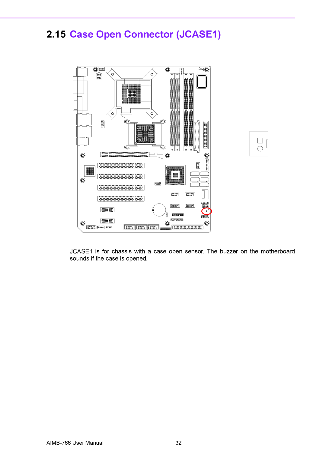 Advantech AIMB-766 user manual Case Open Connector JCASE1 