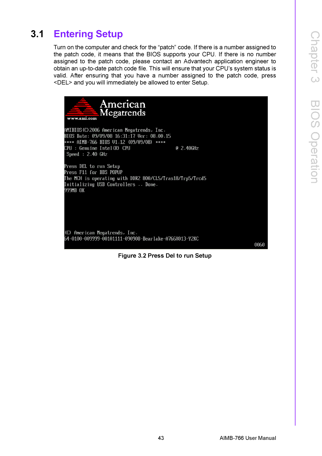 Advantech AIMB-766 user manual Bios Operation, Entering Setup 