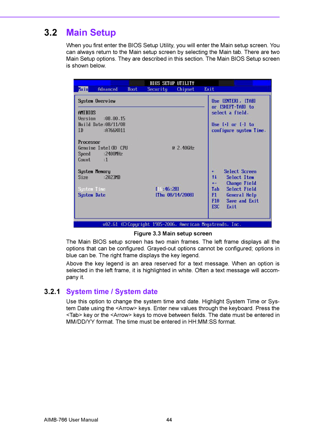 Advantech AIMB-766 user manual Main Setup, System time / System date 