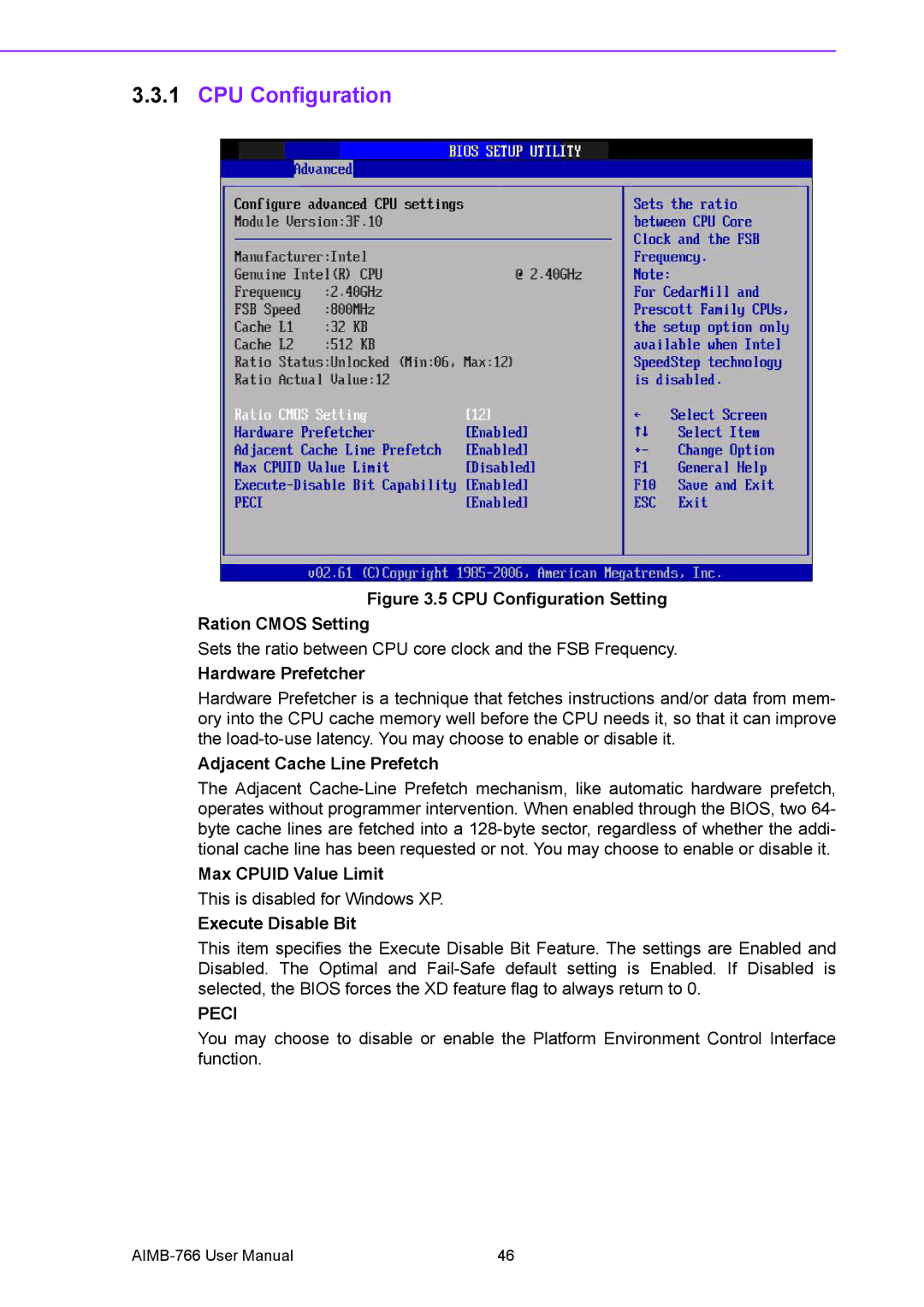 Advantech AIMB-766 user manual CPU Configuration, Hardware Prefetcher 