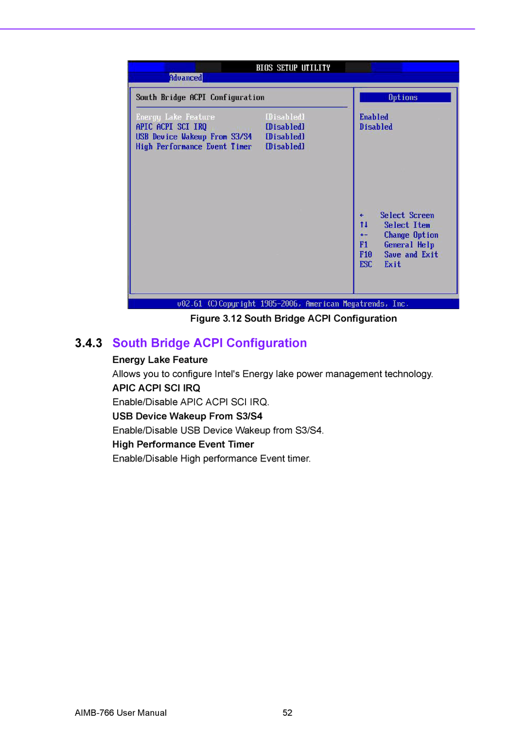 Advantech AIMB-766 user manual South Bridge Acpi Configuration, Apic Acpi SCI IRQ 