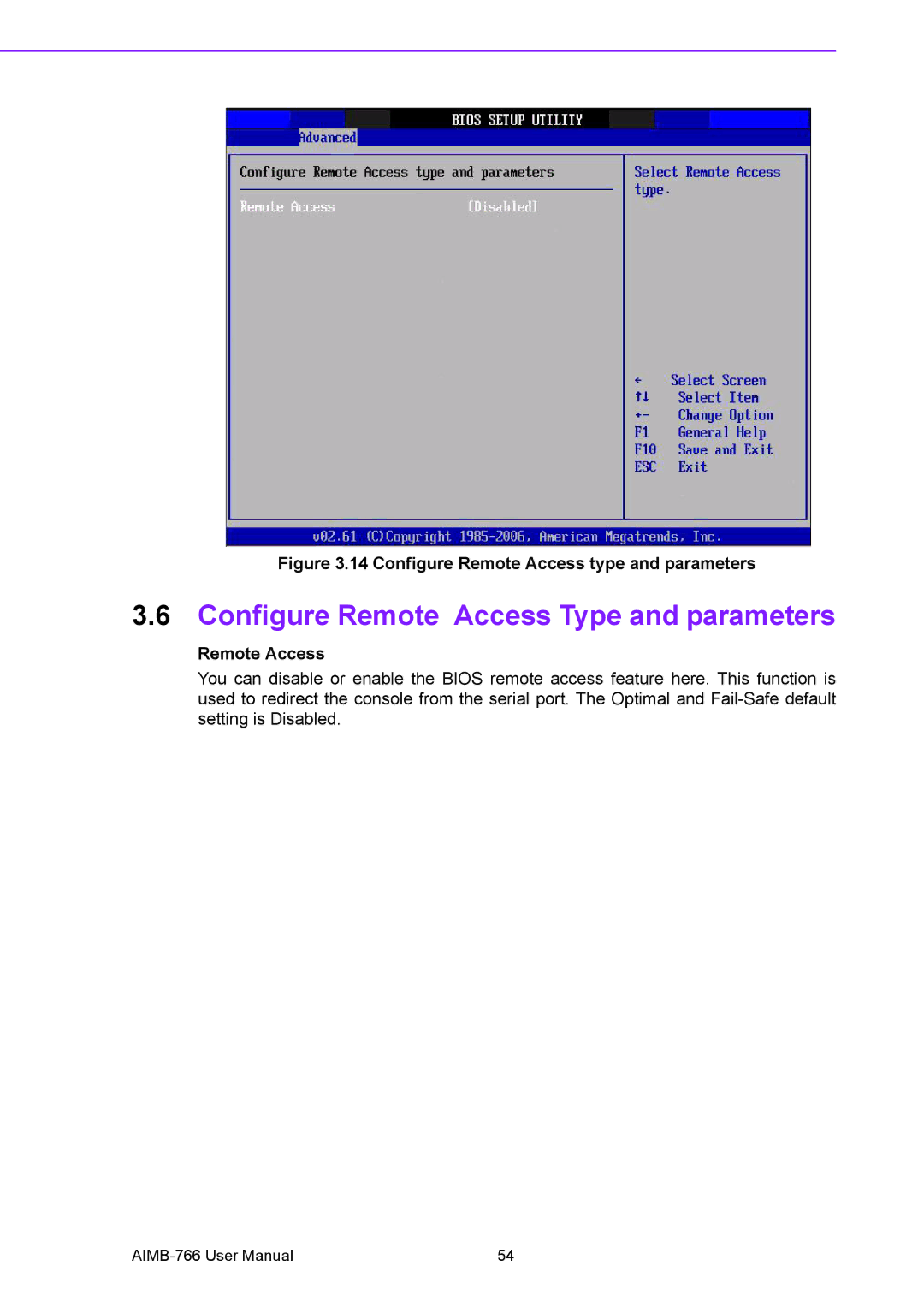 Advantech AIMB-766 user manual Configure Remote Access Type and parameters 