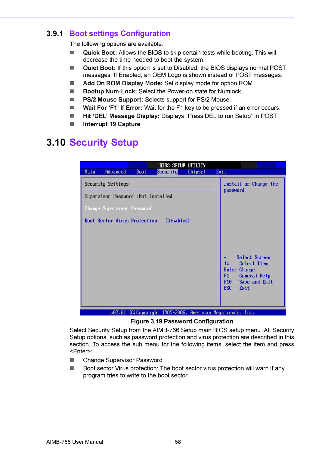 Advantech AIMB-766 user manual Security Setup, Boot settings Configuration 