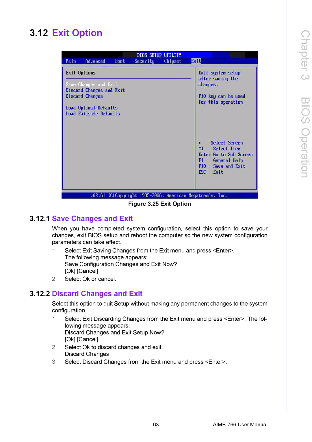 Advantech AIMB-766 user manual Exit Option, Save Changes and Exit, Discard Changes and Exit 