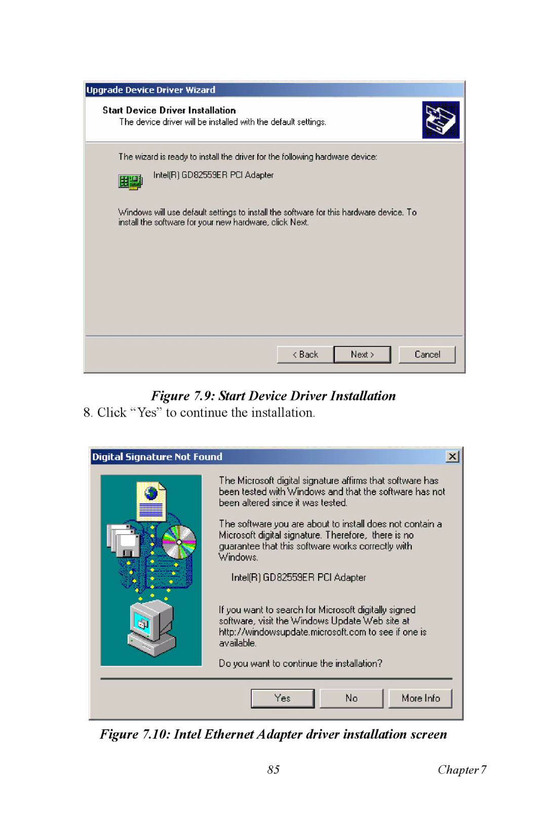 Advantech ARK-7480 manual Intel Ethernet Adapter driver installation screen 