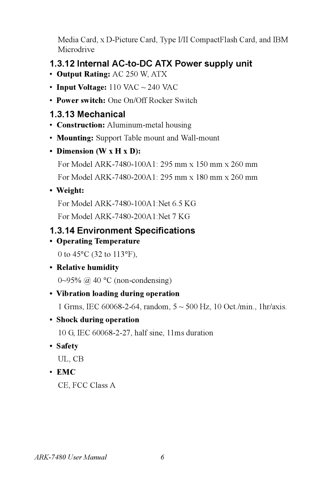 Advantech ARK-7480 manual Internal AC-to-DC ATX Power supply unit, Mechanical, Environment Specifications 