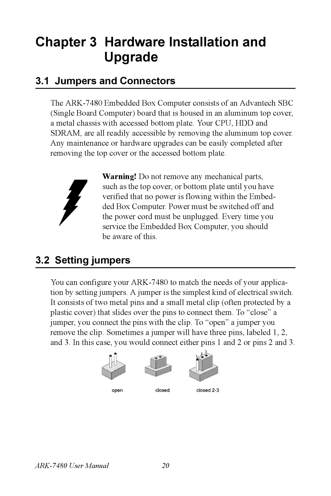 Advantech ARK-7480 manual Jumpers and Connectors, Setting jumpers 