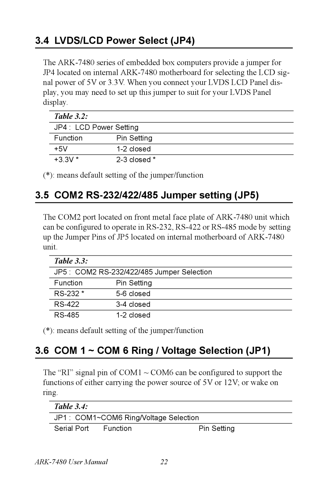 Advantech ARK-7480 manual LVDS/LCD Power Select JP4, COM2 RS-232/422/485 Jumper setting JP5 