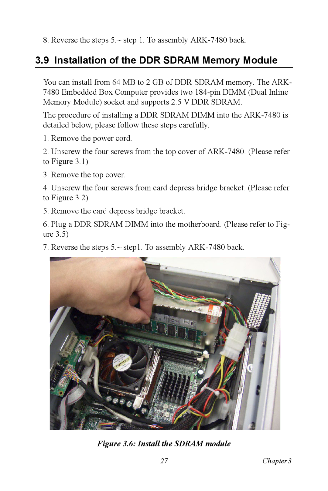 Advantech ARK-7480 manual Installation of the DDR Sdram Memory Module, Install the Sdram module 