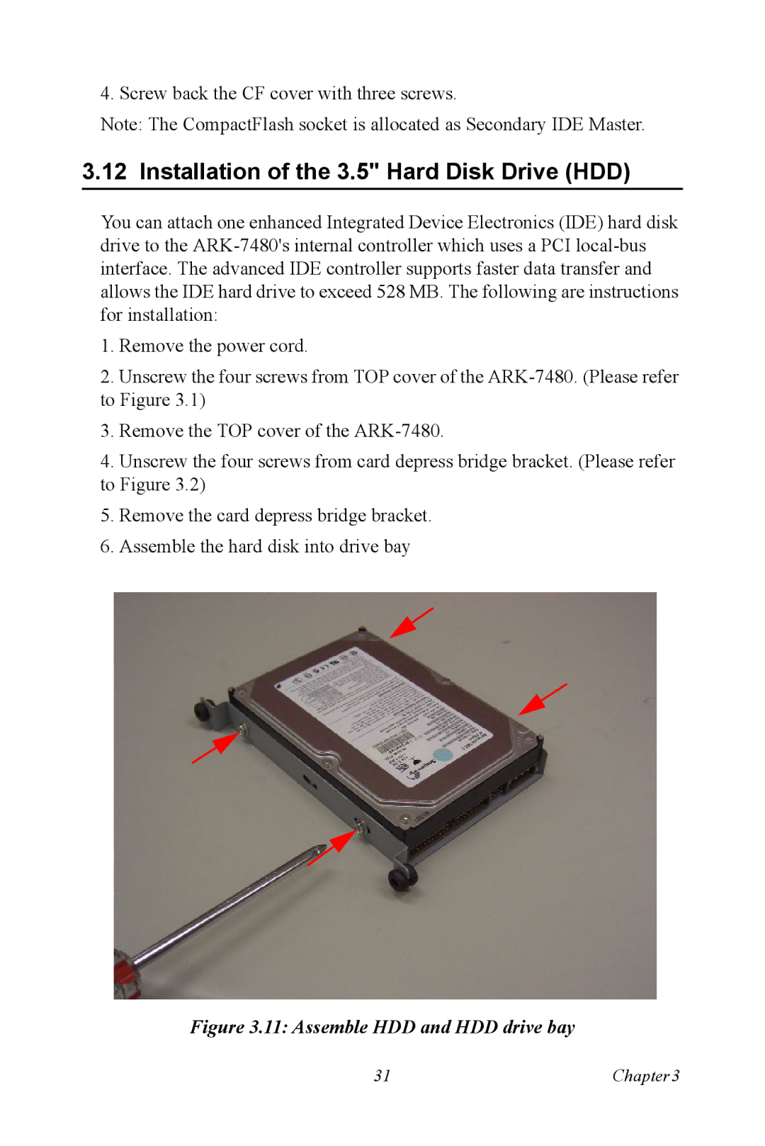 Advantech ARK-7480 manual Installation of the 3.5 Hard Disk Drive HDD, Assemble HDD and HDD drive bay 