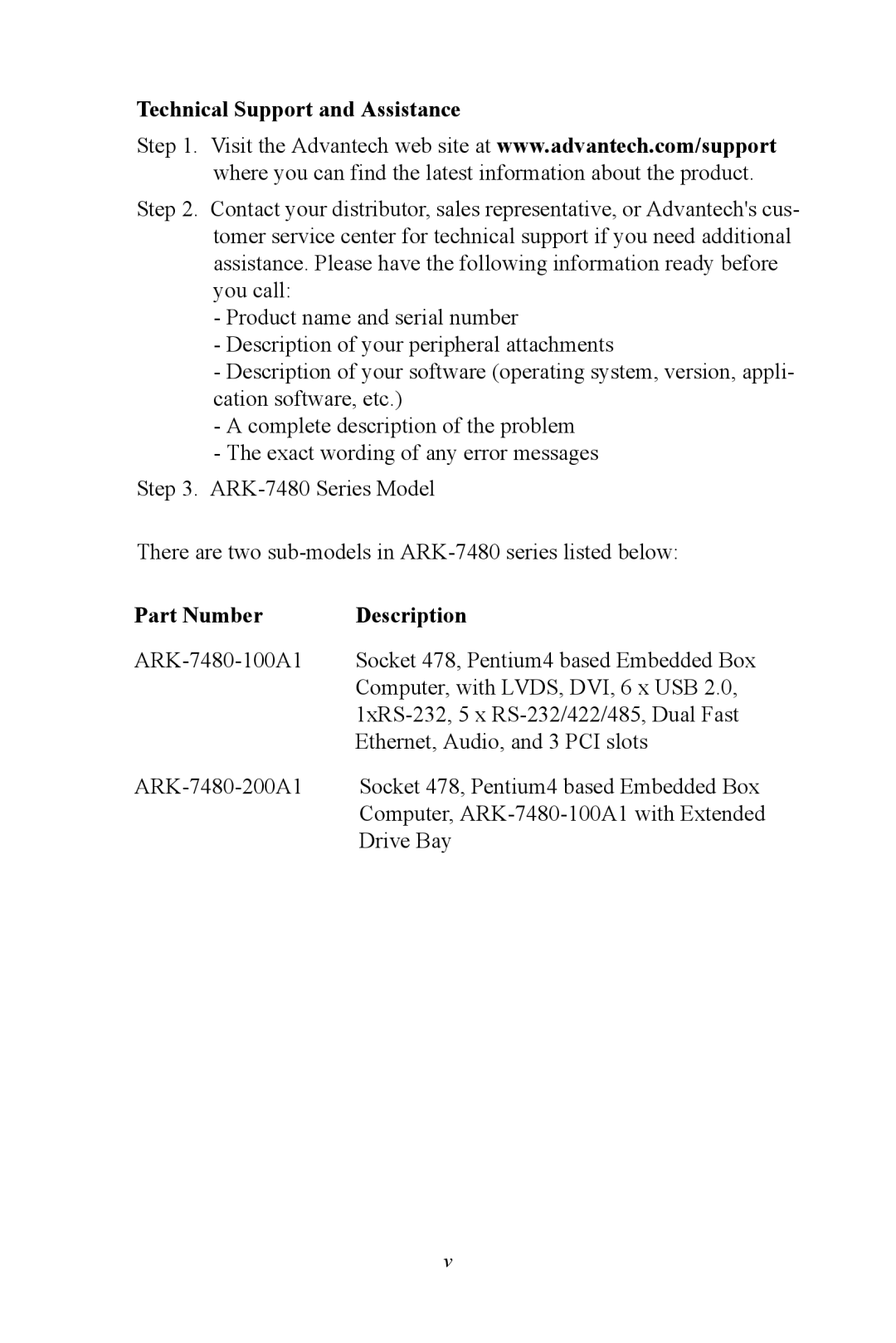 Advantech ARK-7480 manual Technical Support and Assistance, Part Number Description 