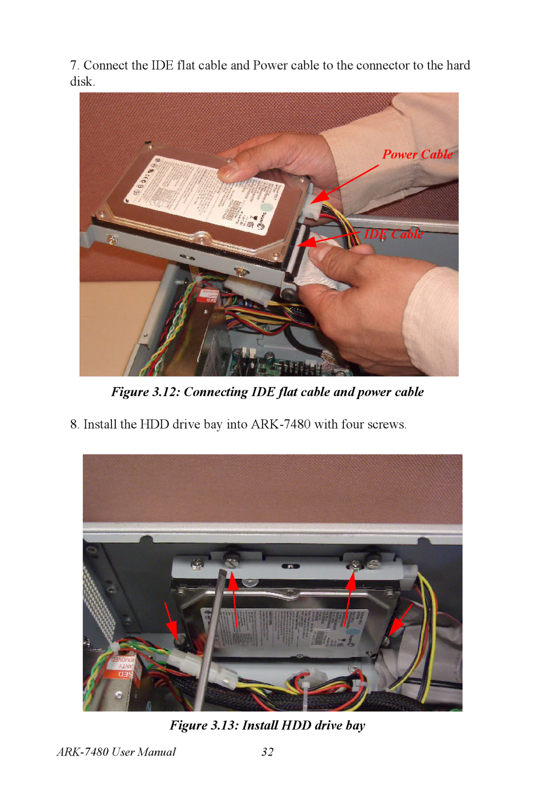 Advantech ARK-7480 manual Power Cable IDE Cable 