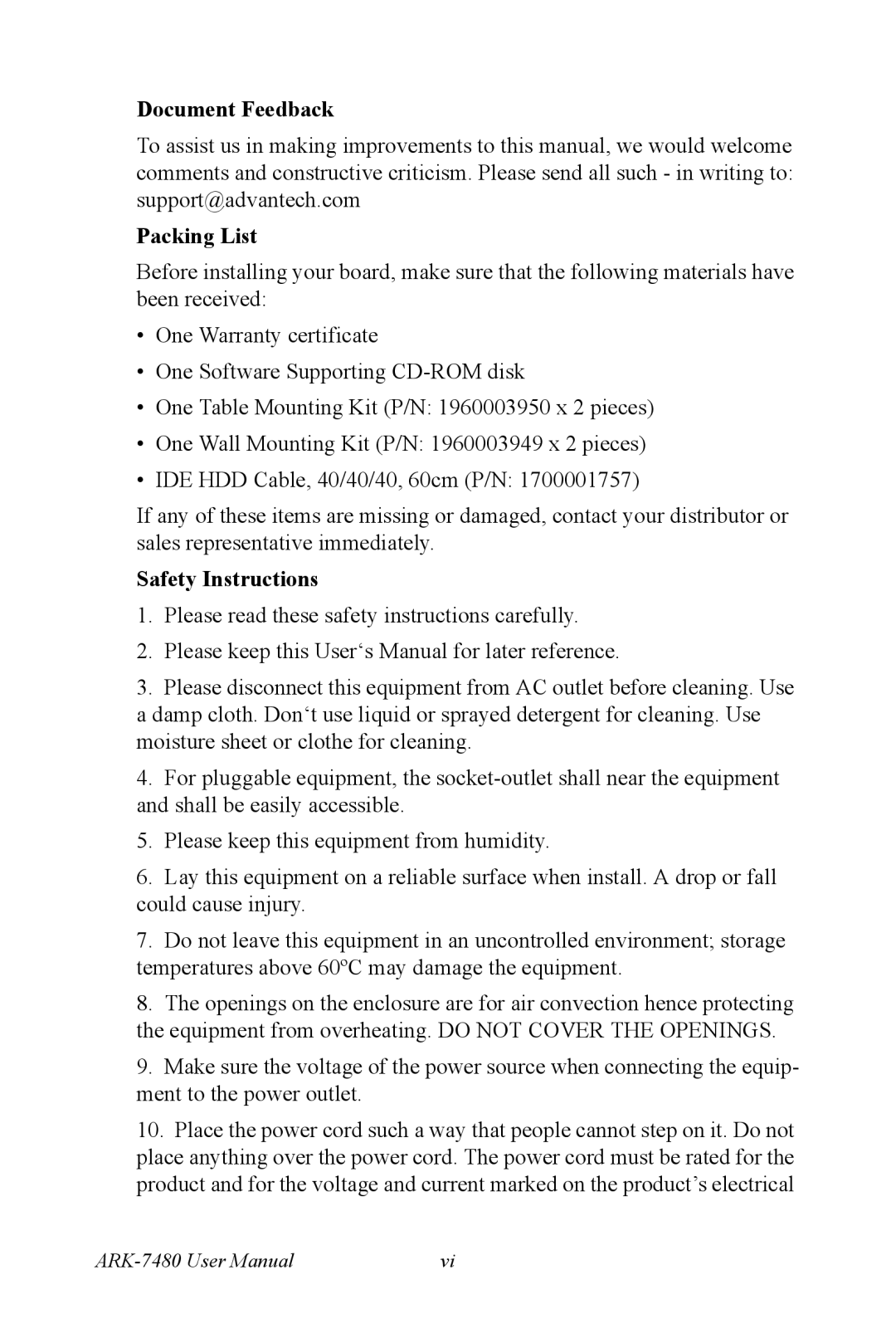 Advantech ARK-7480 manual Document Feedback, Packing List, Safety Instructions 