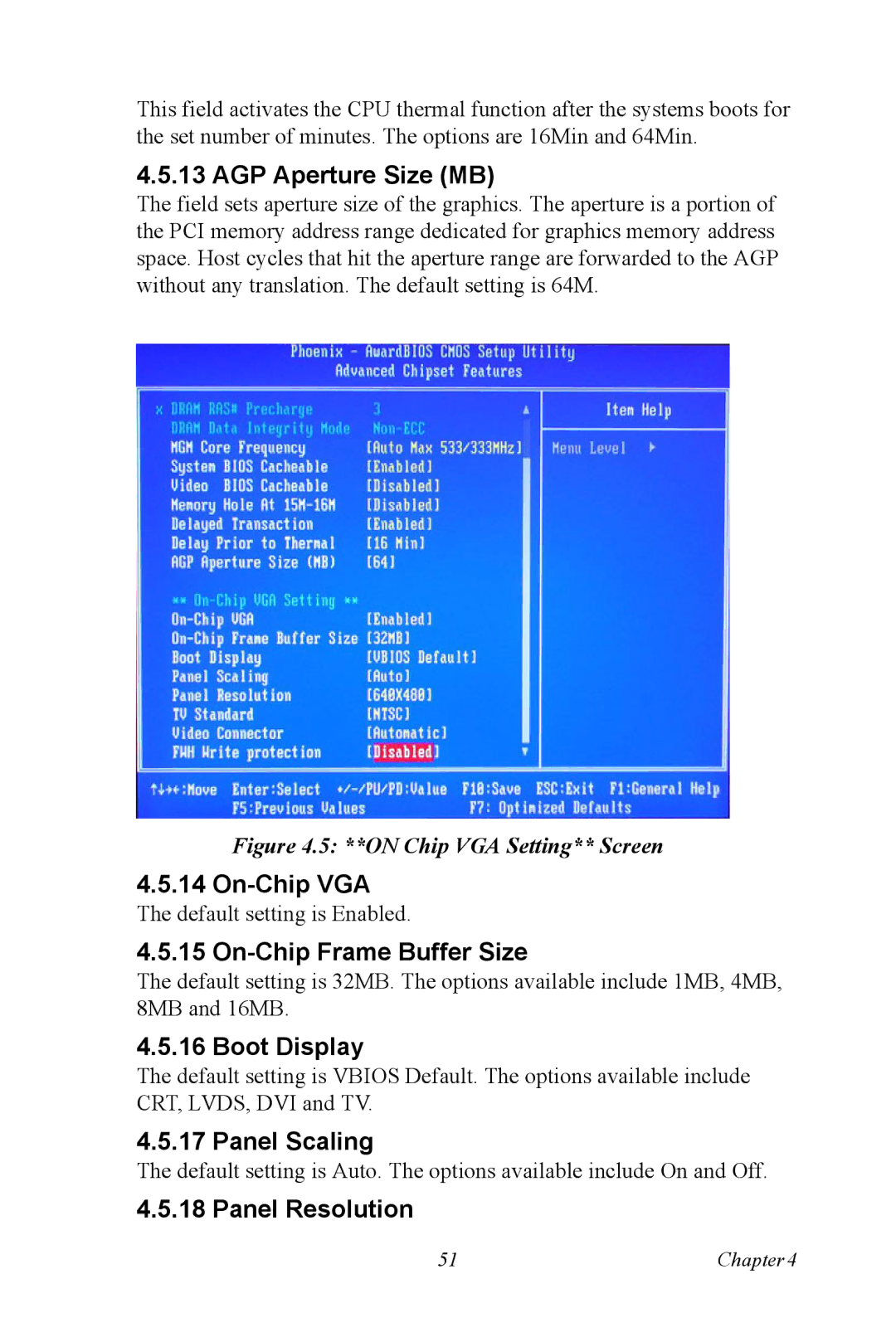 Advantech ARK-7480 manual AGP Aperture Size MB, On-Chip VGA, On-Chip Frame Buffer Size, Boot Display, Panel Scaling 